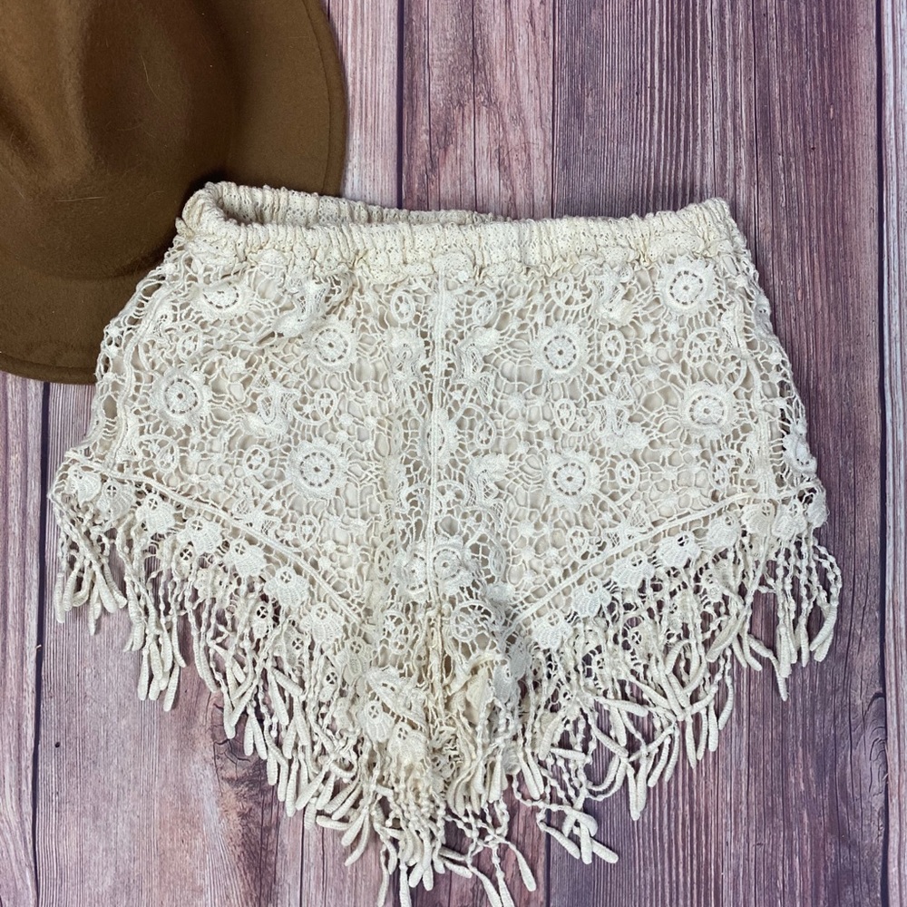 Boho crochet fringe shorts